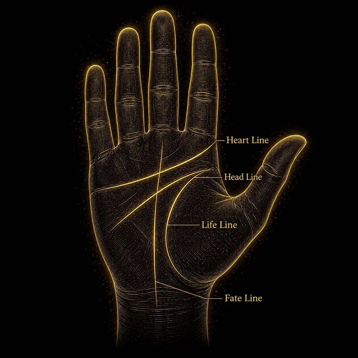 Palm reading lines diagram — life line, heart line, head line, fate line